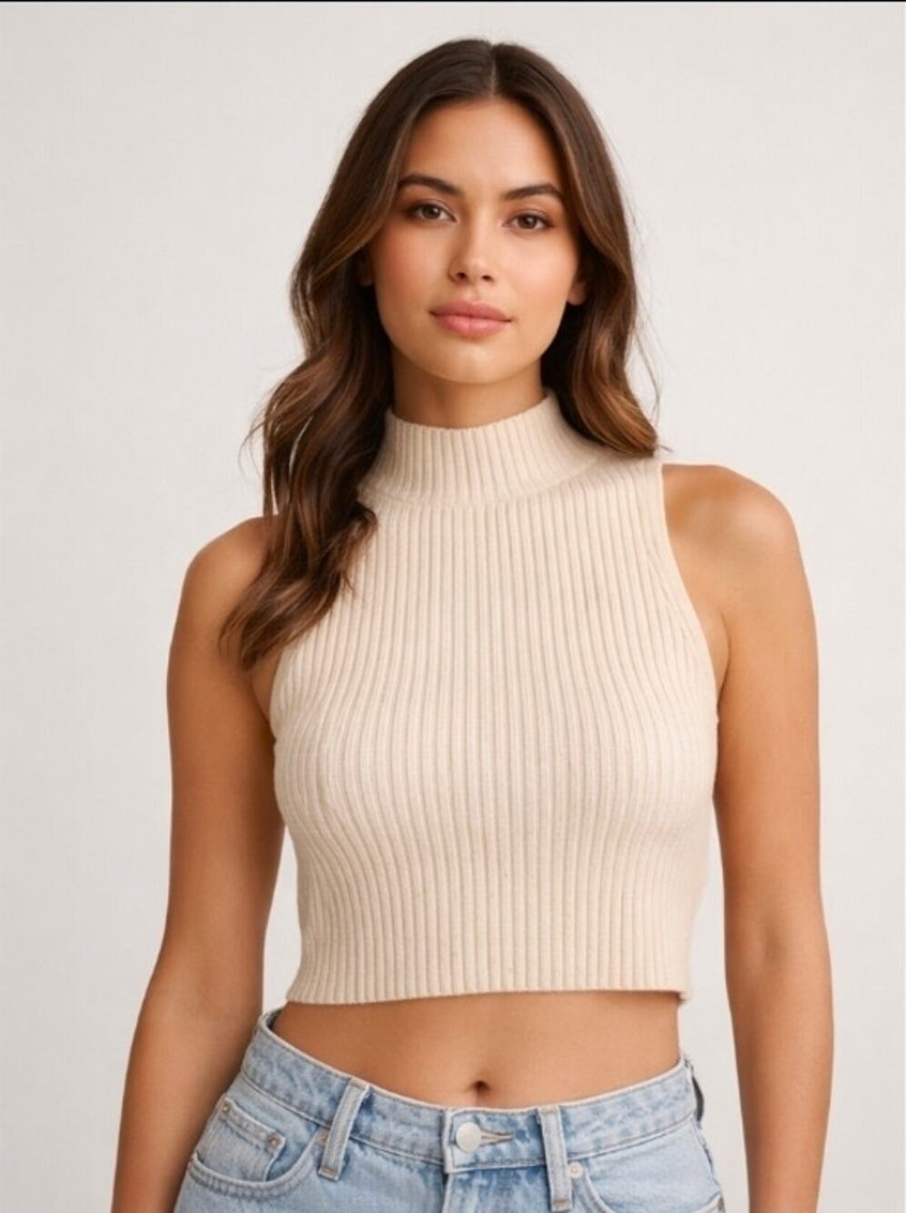Camila Coelho Ribbed Sleeveless Mock Neck Crop Top Cream Open Back Size Large